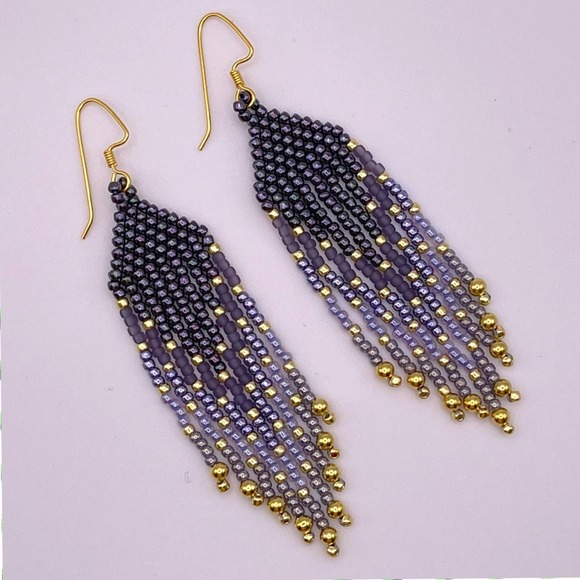 Beaded Fringe Dangle Earrings Purple Violet Lavender Gold Glass Beads Beadwork - Picture 4 of 7